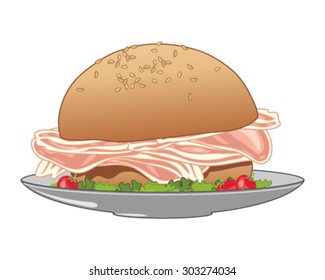 a vector illustration in eps 10 format of a freshly made bacon sandwich in a sesame seed bun with lettuce and tomato garnish on a white background