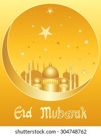 a vector illustration in eps 10 format of a golden greeting card for the festival of eid with a golden mosque under a starry sky