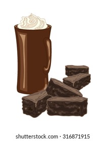 a vector illustration in eps 10 format of chocolate brownies with a mug of coffee and whipped cream swirl on a white background