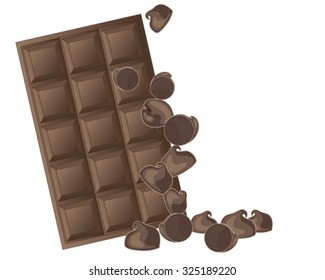 a vector illustration in eps 10 format of a bar of baking chocolate with some chocolate chips ready to be used as an ingredient on a white background