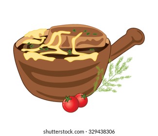 a vector illustration in eps 10 format of a rustic bowl of french onion soup with a crispy crouton and melted cheese and chive garnish on a white background