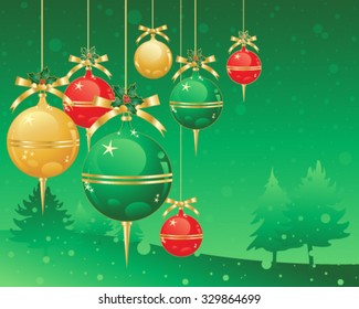 a vector illustration in eps 10 format of christmas decorations in red gold and green metallic baubles on a snowy green background