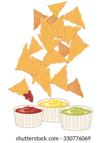 a vector illustration in eps 10 format of crispy fresh nachos with a variety of dipping sauces on a white background