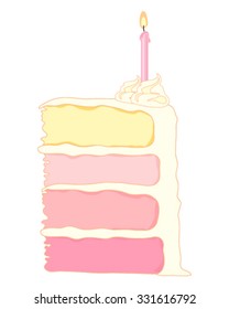 a vector illustration in eps 10 format of a slice of birthday cake with four layers of pink shaded sponge cake with creamy frosting and a pink candle on a white background