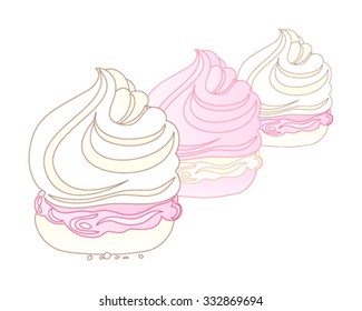 a vector illustration in eps 10 format of three sweet swirly meringue desserts with cream filling on a white background