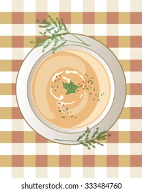 a vector illustration in eps 10 format of a bowl of chicken soup with cream swirls leaf garnish and sprigs of dill on a gingham tablecloth