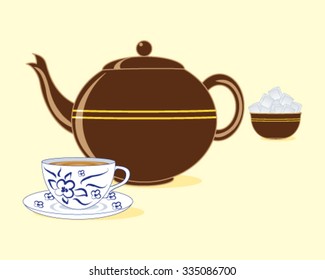 a vector illustration in eps 10 format of a brown color old fashioned teapot with matching sugar bowl and a blue and white tea cup and saucer on a pale lemon background