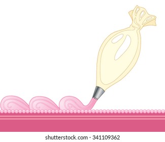 A Vector Illustration In Eps 10 Format Of An Icing Bag Piping Pink Icing Swirls On To A Pink Cake With Decoration On A White Background