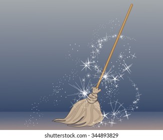 a vector illustration in eps 10 format of a magic broom in an old fashioned style coming to life with magic sparkles on a blue background