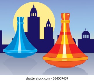 a vector illustration in eps 10 format of moroccan tagine cooking pots in bright colors with a stylized north african skyline on a sunset background