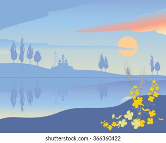 a vector illustration in eps 10 format of an abstract punjabi landscape with gurdwara temple and trees reflected in the river at sunset with mustard flower decoration