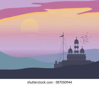 a vector illustration in eps 10 format of a punjabi landscape at evening prayers with gurdwara before a colorful sunset and a flock of birds going to roost