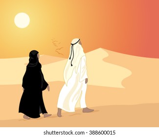 a vector illustration in eps 10 format of an arab couple walking through the sand dunes in the evening under an orange sunset sky