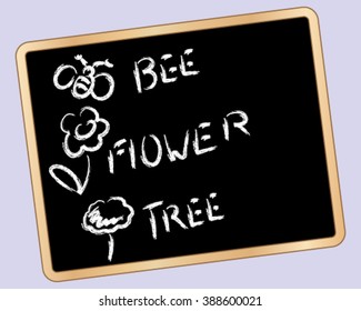 a vector illustration in eps 10 format of a blackboard with drawings and words written in chalk on a lilac background