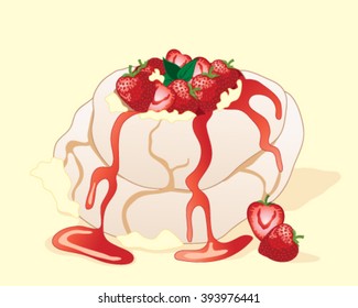 a vector illustration in eps 10 format of a strawberry pavlova meringue dessert with fresh fruit cream and mint leaf garnish on a yellow background