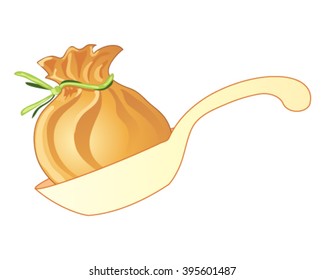 a vector illustration in eps 10 format of a plastic spoon with a single chinese wonton appetizer tied with chive greens on a white background