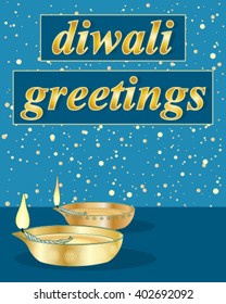 a vector illustration in eps 10 format of a diwali greeting card with traditional golden lamps on a blue background