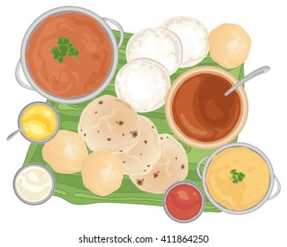 a vector illustration in eps 10 format of a traditional indian meal with curries and breads on a banana leaf and white background