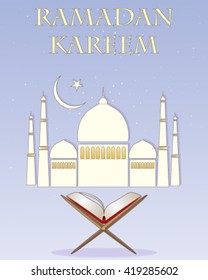 a vector illustration in eps 10 format of an islamic greeting card for a religious festival with stylized mosque and a copy of the koran on a blue starry background