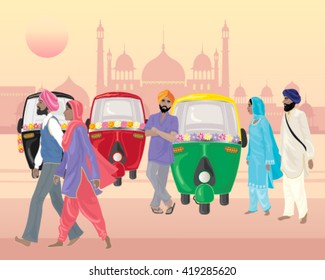 a vector illustration in eps 10 format of a punjabi street scene with tuk tuks for hire and sikh men and women in front of indian architecture