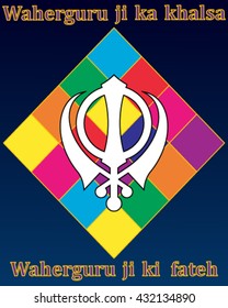 a vector illustration in eps 10 format of a holy sikh greeting card with sikh symbol colorful diamond and the words the khalsa are the chosen of god victoy be to our god