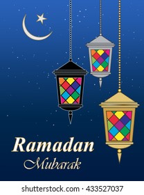 a vector illustration in eps 10 format of a ramadan greeting card with colorful lanterns islamic symbol and a dark blue night sky with stars