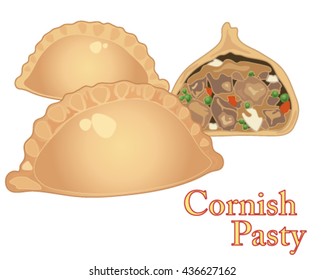 a vector illustration in eps 10 format of freshly made cornish pasties with one cut in half on a white background