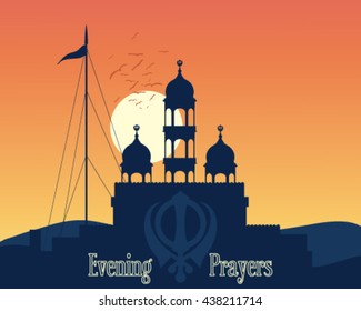 a vector illustration in eps 10 format of a sikh gurdwara at sunset in the hills of india at the time of evening prayers