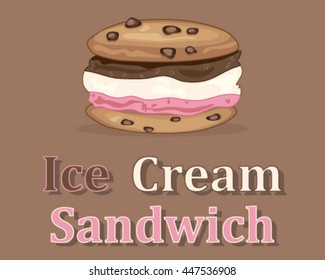 a vector illustration in eps 10 format of an ice cream sandwich with neopolitan flavour filling and chocolate chip cookies on a brown background