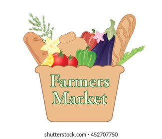 a vector illustration in eps 10 format of a farmers market sign with basket full of organic produce on a white background
