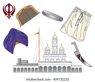 a vector illustration in eps 10 format of the symbols of the sikh faith called the five ks with a gurdwara on a white background