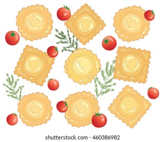 a vector illustration in eps 10 format of an advert for freshly made ravioli pasta with cherry tomato and dill garnish on a white background