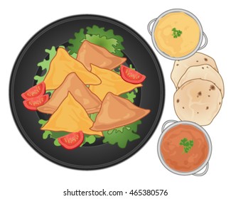 a vector illustration in eps 10 format of a dark plate with samosa snacks lettuce and tomato and some spicy dips with chapatti bread on a white background
