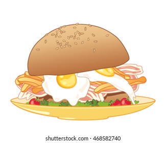a vector illustration in eps 10 format of a breakfast meal in a big sesame seed bread bun with fried eggs bacon fries and salad on a yellow plate and white background