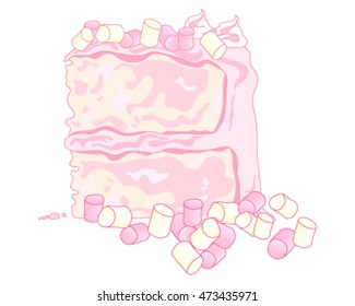 a vector illustration in eps 10 format of a sponge cake with pink butter cream and marshmallow decoration on a white background