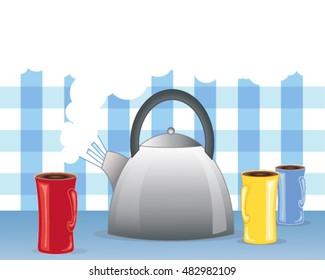 a vector illustration in eps 10 format of a metallic kettle boiling with three mugs in red blue and yellow and white steam on a gingham background
