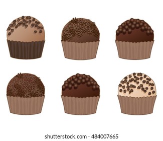 a vector illustration in eps 10 format of a selection of chocolate truffles with various decorations on a white background