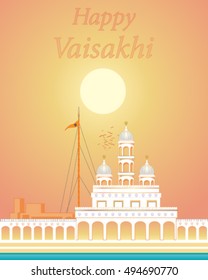 a vector illustration in eps 10 format of a gleaming white gurdwara with holy pool under a golden sun on a summer evening