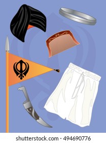 a vector illustration in eps 10 format of the symbols of the sikh faith including turban and dagger on a blue background