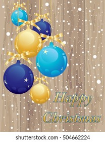 a vector illustration in eps 10 format of wooden floor boards with blue and gold baubles with snowflakes in a christmas greeting card format