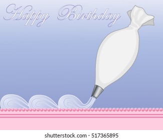 a vector illustration in eps 10 format of cake decorating with a white piping bag and wavy blue frosting on a pink sugar cake with a lavender blue background