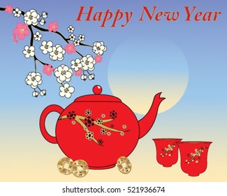 a vector illustration in eps 10 format of a chinese new year greeting card design with a red decorative teapot and cups with pink and white blossom branch and golden chinese coins