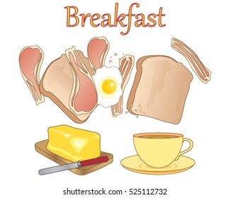 a vector illustration in eps 10 format of a breakfast meal with a cup of tea toast bacon rashers fried egg and a block of golden butter on a white background