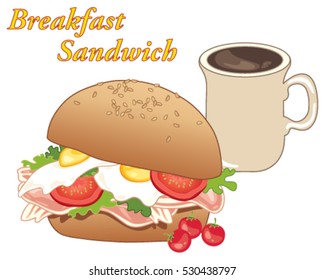 a vector illustration in eps 10 format of a breakfast sandwich with eggs and bacon salad and a cup of coffee on a white background