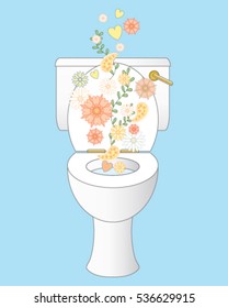 a vector illustration in eps 10 format of a sparkling white clean ceramic toilet with freshness represented by flowers and foliage on an ice blue background