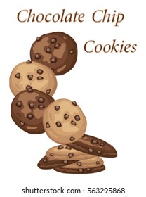 a vector illustration in eps 10 format of chocolate chip cookie advert with delicious home made biscuits on a white background