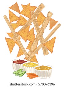 a vector illustration in eps 10 format of nacho and bread stick snacks with dips on a white background