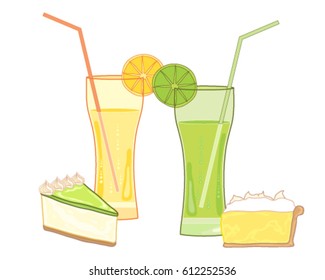 A Vector Illustration In Eps 10 Format Of Fruity Drinks With Traditional Desserts Of Lemon Meringue Pie And Key Lime Pie On A White Background