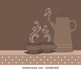 a vector illustration in eps 10 format of a coffee pot and cups in shades of brown with polka dot vintage tablecloth and space for text