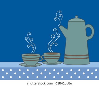 a vector illustration in eps 10 format of a coffee pot and cups in shades of blue with polka dot vintage tablecloth and space for text